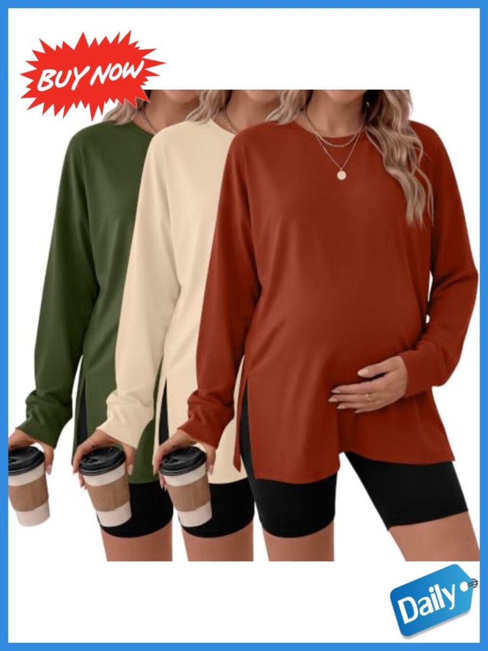 Maternity Long Sleeve Tops 3 Pack Pregnancy Shirts Relaxed Fit Crew Neck